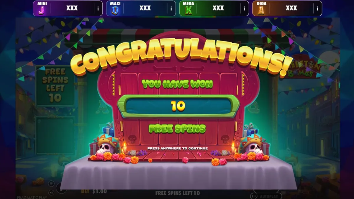 Tampilan visual slot Skeleton Bombs dengan tema perayaan Meksiko